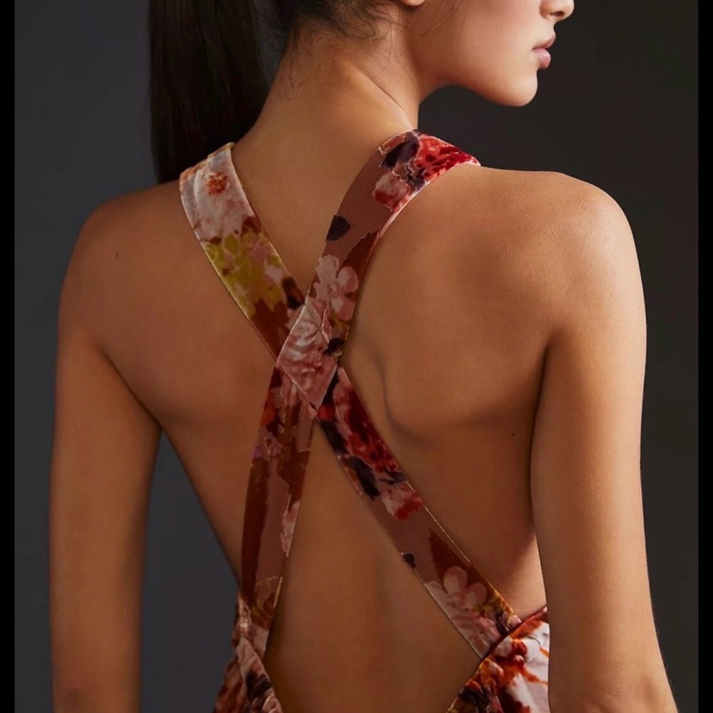 Anthropologie Halter Velvet Maxi Dress in a pink multi floral print. $220 NWT - Picture 3 of 5